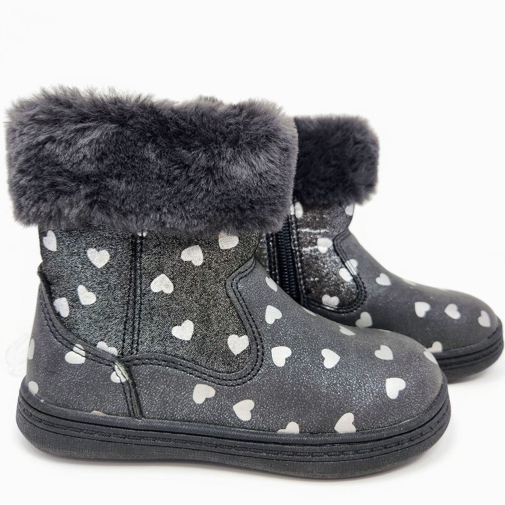Faux Fur, Hearts, Silver Shiny Easy Slip-on Zip Side Winter Boots Size 9 New